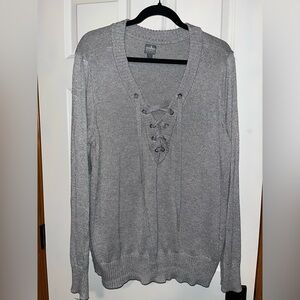 New York & Company Soho Sparkly Gray Knit Lace Up Sweater